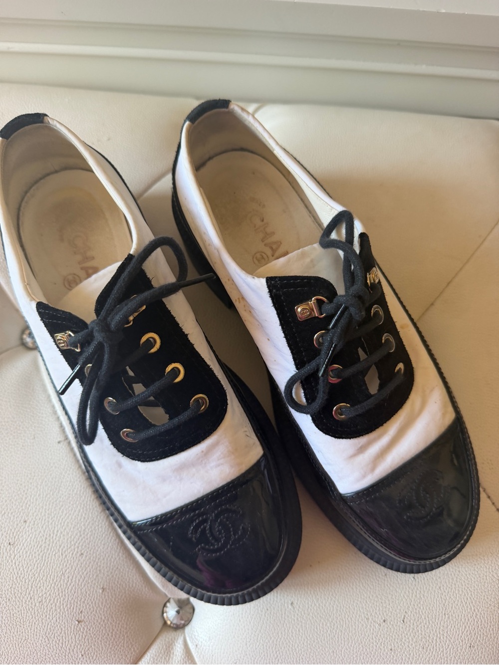 CHANEL Black and White Low-Top Lace-Up Sneakers